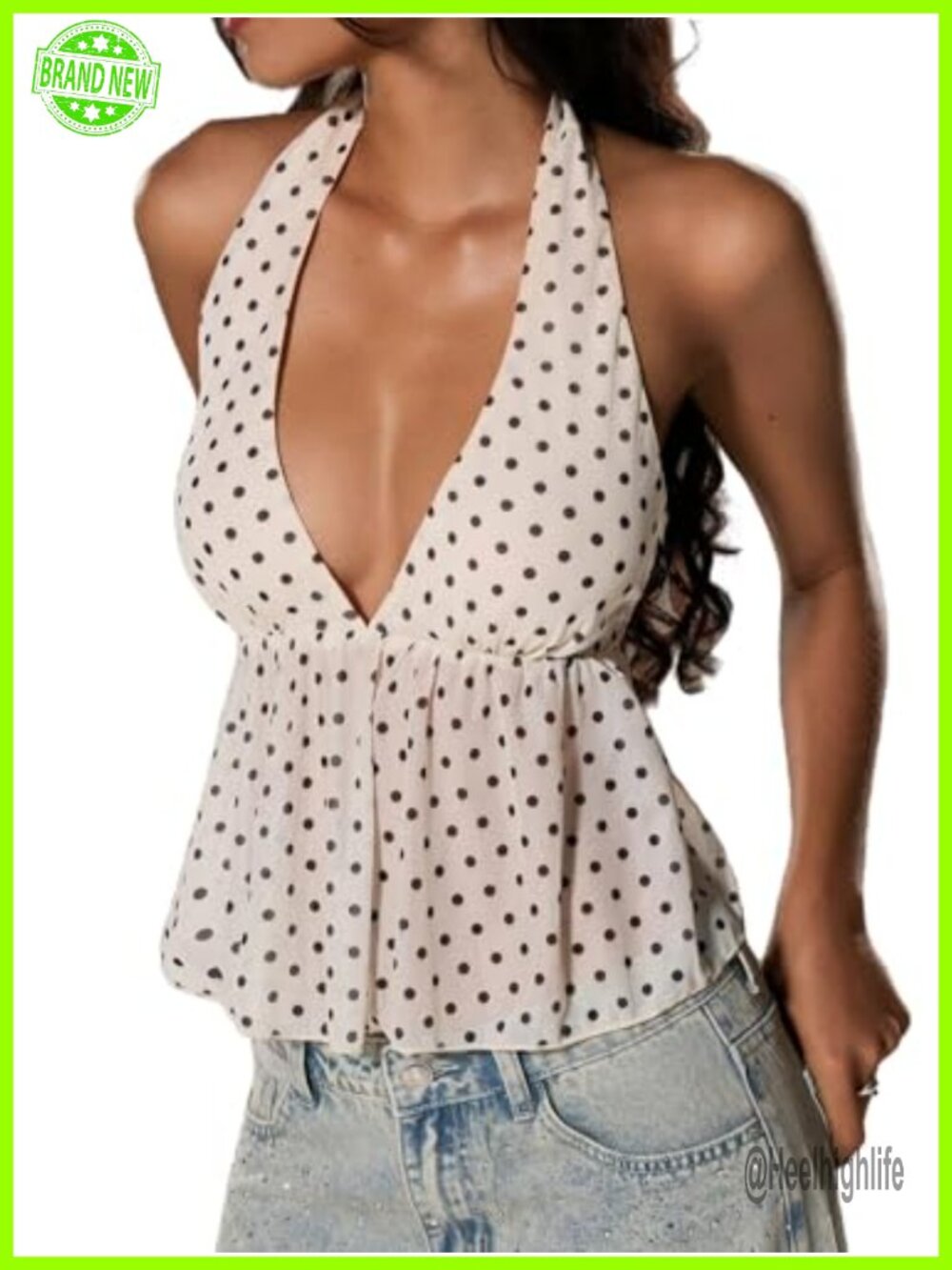 Polka Dot Sheer Tie Back Backless Halter Crop Top Sleeveless Ruffle